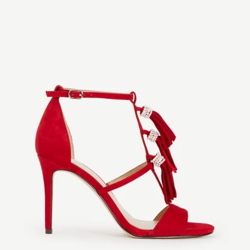 Ann Taylor Adina Fringe stiletto sandals red suede with pearlized tassels 9 NWT